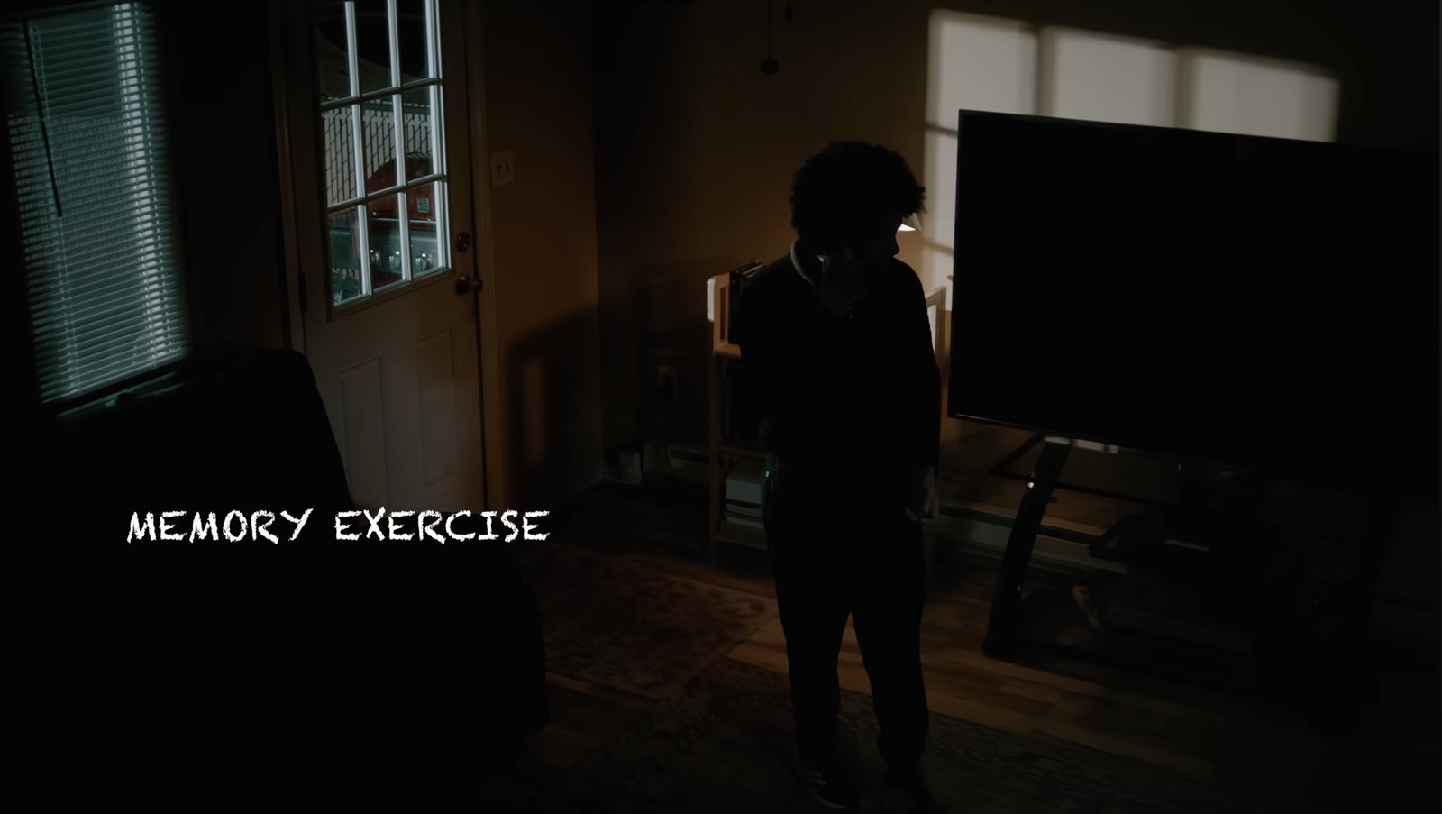 Title frame from Memory Exercise: a figure stands in a dark living room lit only by a window